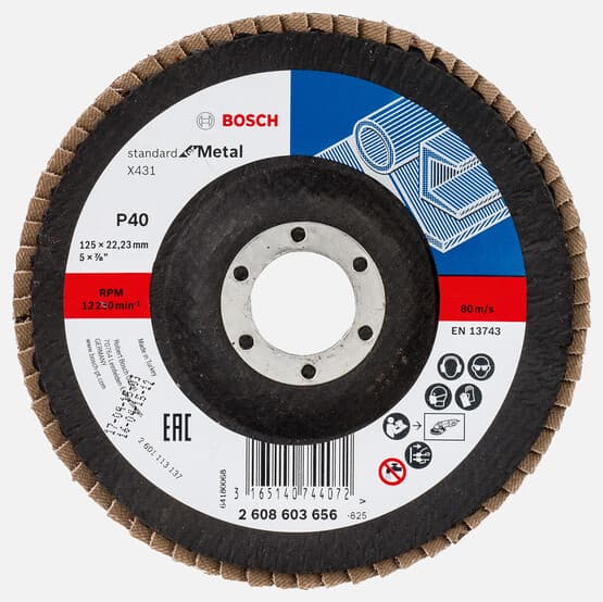 Bosch 125 mm 40 Kum Standard Seri Metal İçin x431 Aluminyumoksit Flap Zımpara Diski