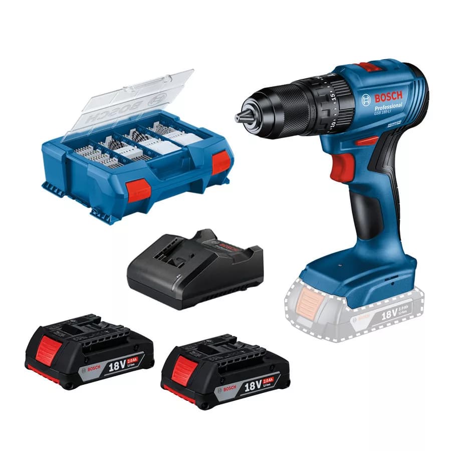 BOSCH GSB 185-LI DARBELİ AKÜLÜ DELME/VİDALAMA KÖMÜRSÜZ 18V 2X2,0 AH + 82 PARÇA AKSESUAR SETİ HEDİYE