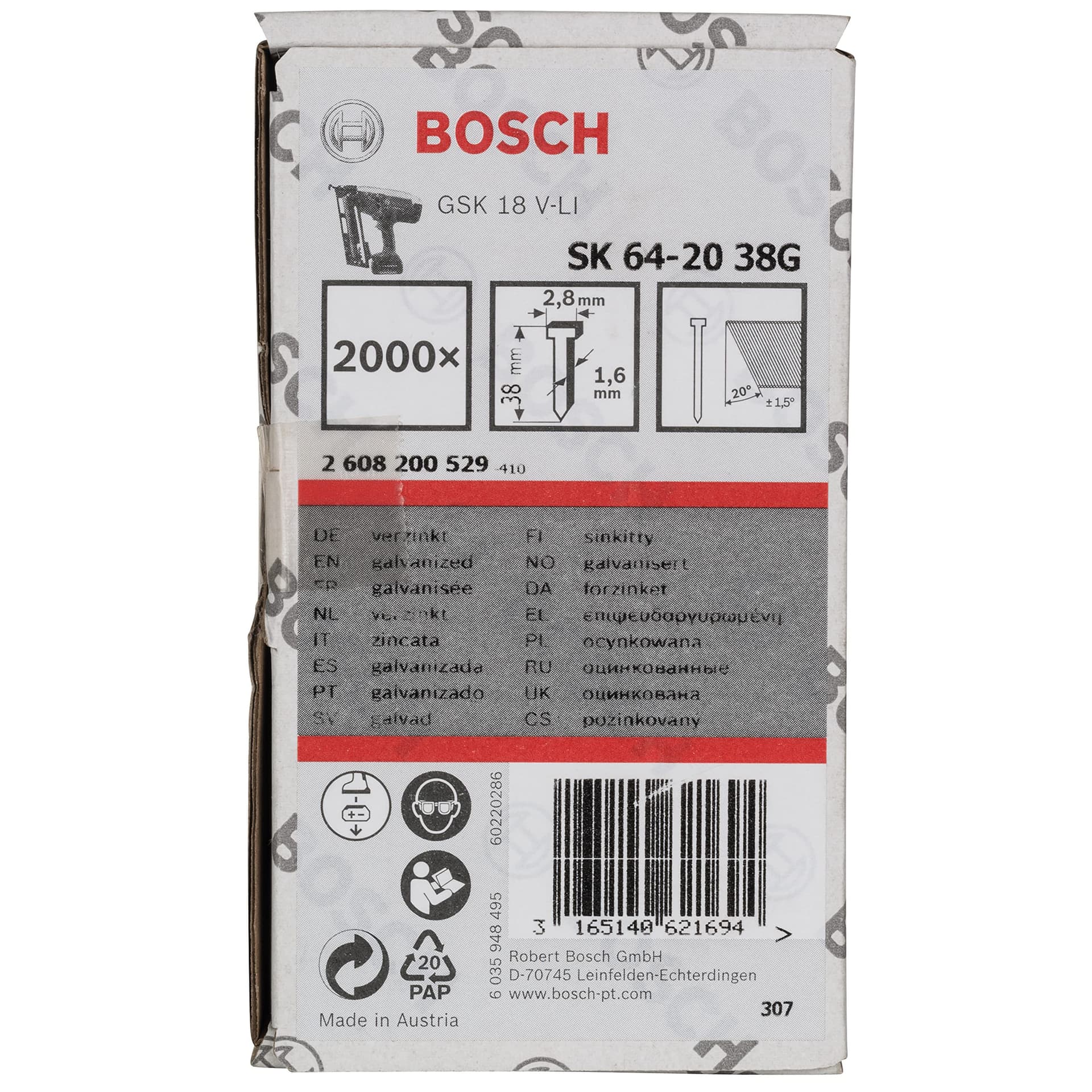 BOSCH BAŞSIZ ÇİVİ 20 D. 38 MM GALVANİZLİ 2000Lİ