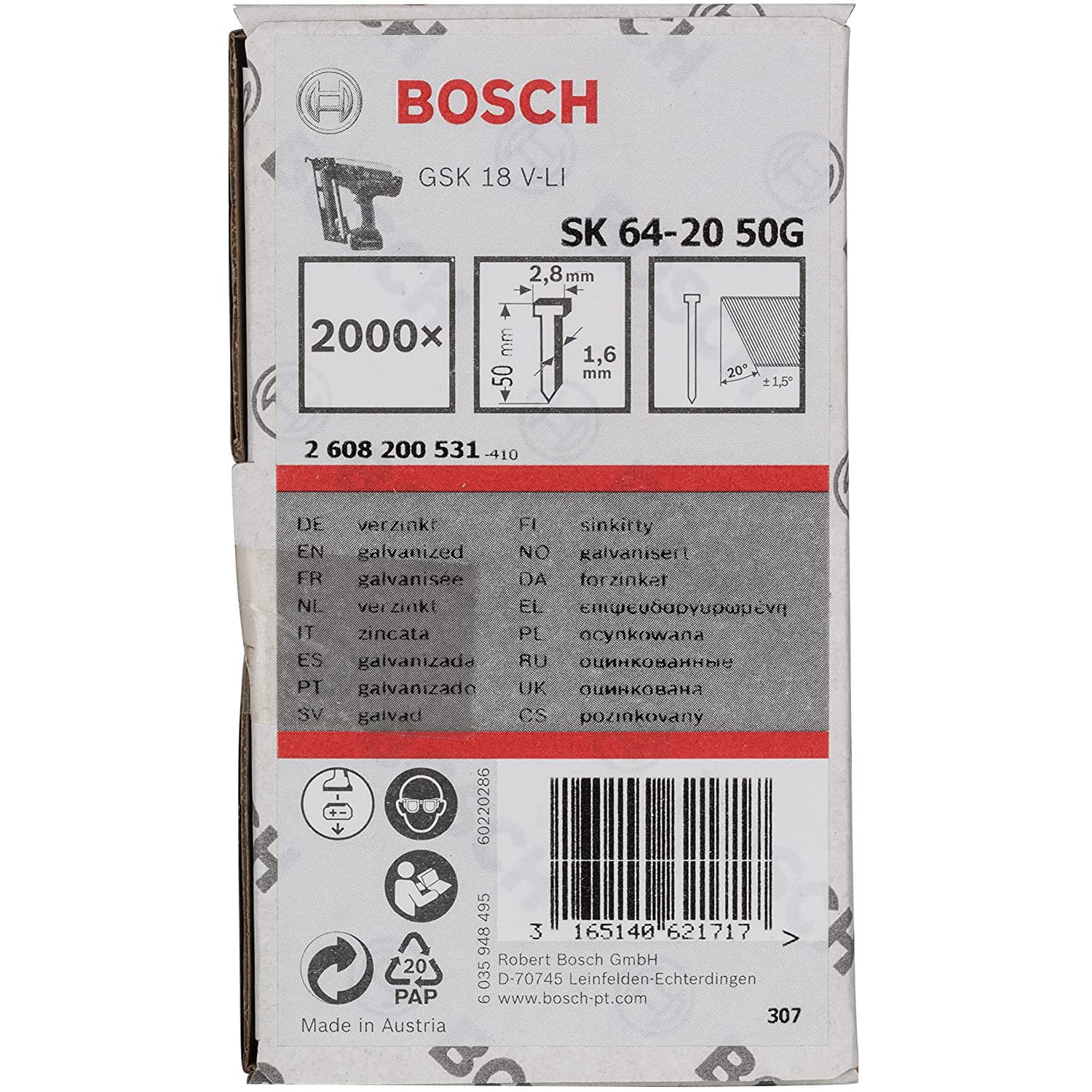 BOSCH BAŞSIZ ÇİVİ 20 D. 50 MM GALVANİZLİ 2000Lİ