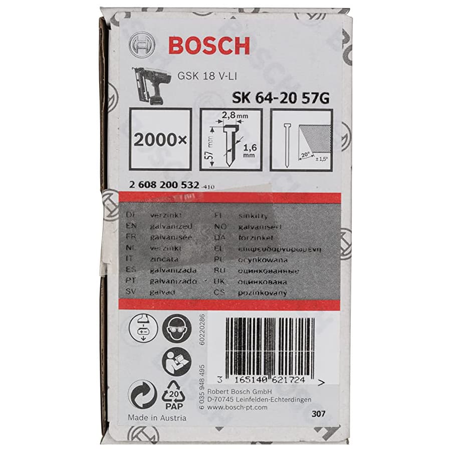 BOSCH BAŞSIZ ÇİVİ 20 D. 57 MM GALVANİZLİ 2000Lİ