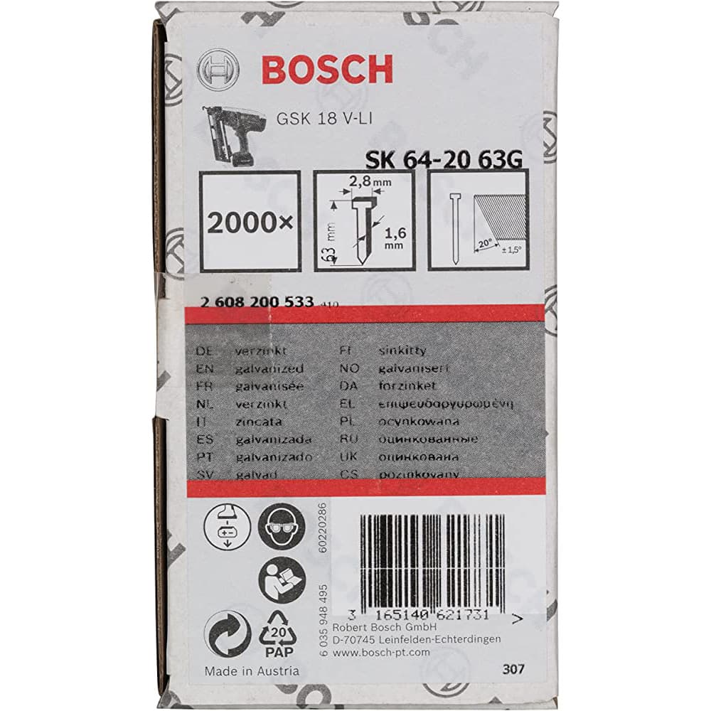 BOSCH BAŞSIZ ÇİVİ 20 D. 63 MM GALVANİZLİ 2000Lİ