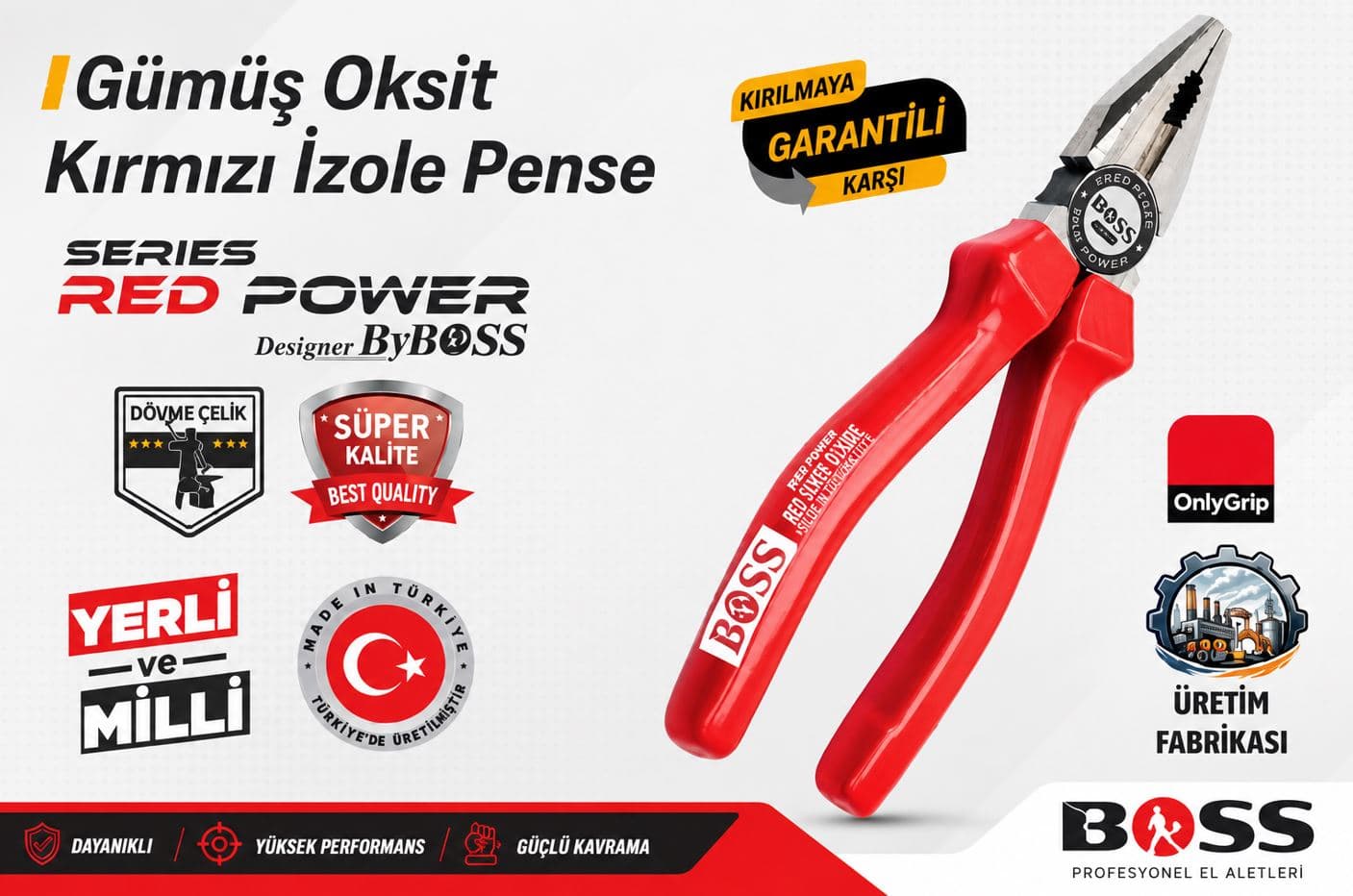 BOSS85625 BOSS GÜMÜŞ OKSİT KIRMIZI İZOLE PENSE 160MM