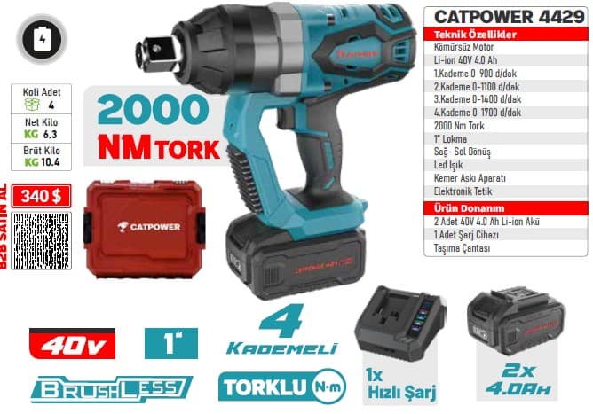 CAT4429SET CATPOWER KÖMÜRSÜZ AKÜLÜ SOMUN SIKMA 1'' 2000 NM 40V 4.0AH