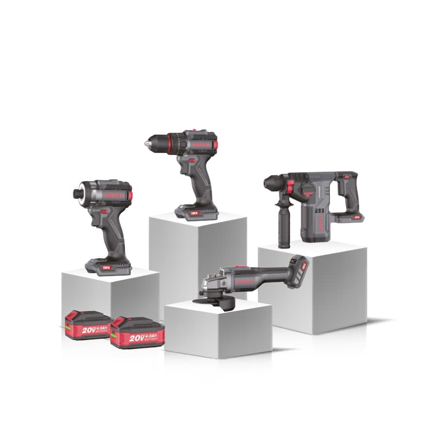 GRX9201S GROGH 4'LÜ COMBO SET1 DARBELİ MATKAP/TORKLU VİDALAMA/AVUÇ TAŞLAMA/KIRICI DELİCİ 20V 2X4.0AH