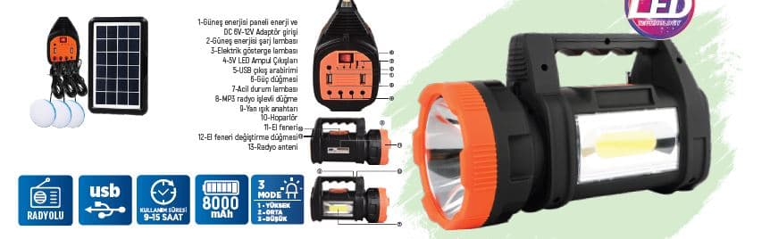 KE47725 KLAUS LED EL FENERİ-RADYO SOLAR ENERJİLİ-ŞARJLI 15 W-8000MAH 280LM
