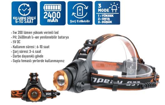 KE47726 KLAUS LED ŞARJLI KAFA LAMBASI 5W 200 LMN