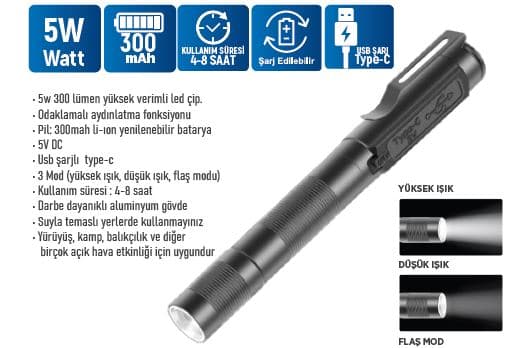 KE47738 KLAUS LED EL FENERİ USB ŞARJLI 5 W-300MAH LI-ON BATARYA 300LM