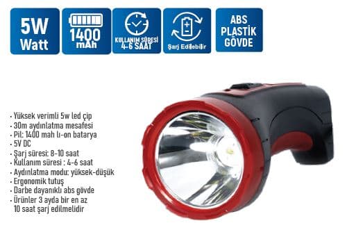 KE47742 KLAUS LED EL FENERİ ŞARJLI 5 W-1400MAH LI-ON BATARYA 400LM