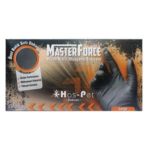 HAS-PET MASTER FORCE PUDRASIZ SİYAH TIRTIKLI NİTRİL ELDİVEN BEDEN:M (50'Lİ)