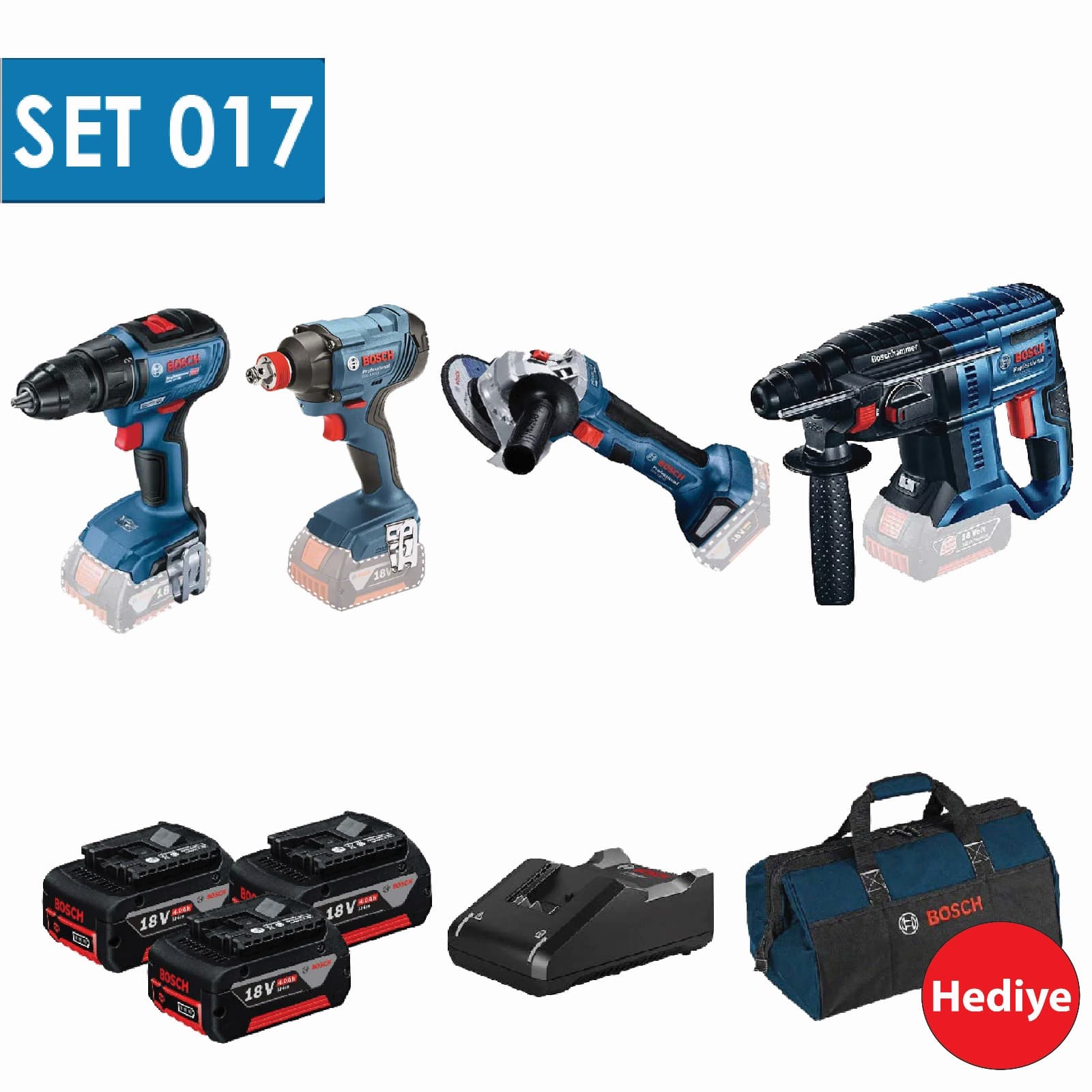 BOSCH 4 LÜ SET GSR 18V-50+GDX 180-LI+GWS 18V-8+GBH 18V-8+3X5.0AH AKÜ+TAŞIMA ÇANTASI