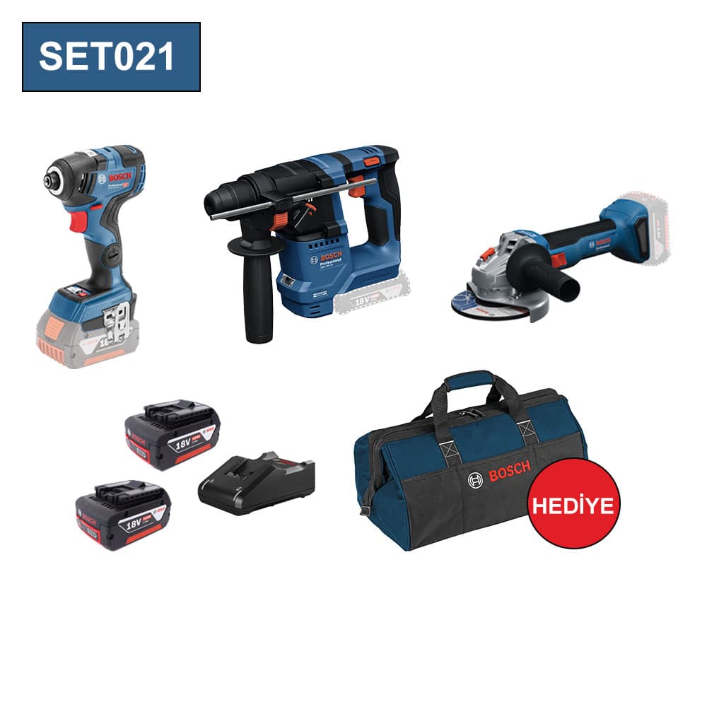 SET021 BOSCH 3 LÜ SET GDR 18V-200C+GWS 18V-8+GBH 18V-8+2X5.0AH AKÜ+GAL1840 ŞARJ ALETİ+TAŞIMA ÇANTASI