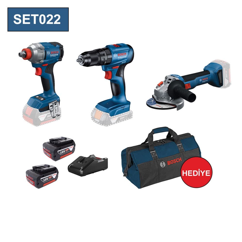 SET022 BOSCH 3 LÜ SET GDX 18V-285+GSB 185 LI+GWS 18V-8+2X5.0AH AKÜ+GAL1840 ŞARJ ALETİ+TAŞIMA ÇANTASI
