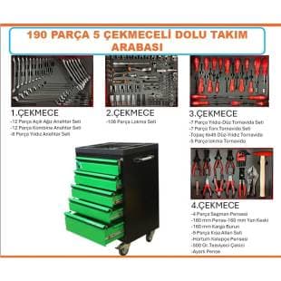 I-ZET 190 PARÇA 5 ÇEKMECELİ DOLU TAKIM ARABASI YEŞİL
