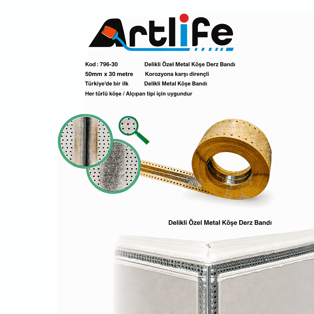 79630 ARTLIFE DELİKLİ METAL DERZ KÖŞE BANTI 50MM X 20MM X 30M
