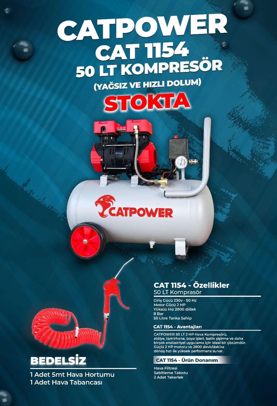 CAT1154 CATPOWER SESSİZ VE YAĞSIZ KOMPRESÖR HIZLI DOLUM 2 HP 50 LT
