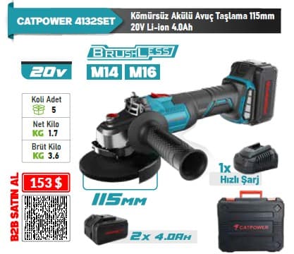 CAT4132SET CATPOWER KÖMÜRSÜZ AKÜLÜ AVUÇ TAŞLAMA Lİ-İON (SET) 20V 2X4.0 AH