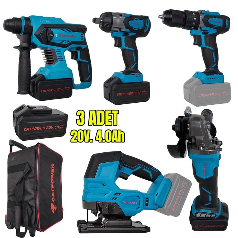 CAT4150 CATPOWER KÖMSZ AKÜLÜ 5'Lİ SET MATKAP, SOMUN SIKMA,DEKUPAJ, AVUÇ TAŞLAMA HİLTİ 20V 3X4.0A