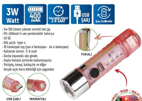KE47740 KLAUS LED EL FENERİ USB ŞARJLI MIKNATISLI-TOKALI 3 W-400MAH LI-ON BATARYA 130 LM