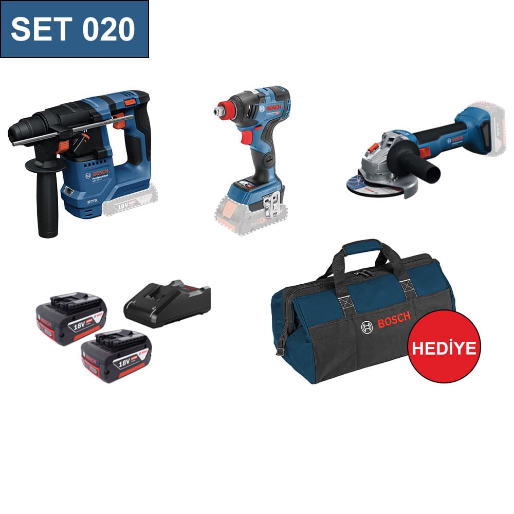 SET020 BOSCH 3 LÜ SET GDX 18V-200C+GWS 18V-8+GBH 18V-8+2X5.0AH AKÜ+GAL1840 ŞARJ ALETİ+TAŞIMA ÇANTASI