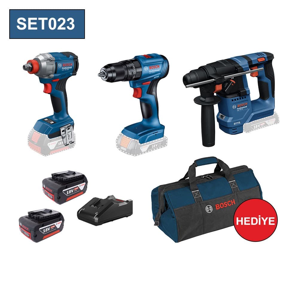 SET023 BOSCH 3 LÜ SET GDX 18V-285+GSB 185 LI+GBH 18V-8+2X5.0AH AKÜ+GAL1840 ŞARJ ALETİ+TAŞIMA ÇANTASI