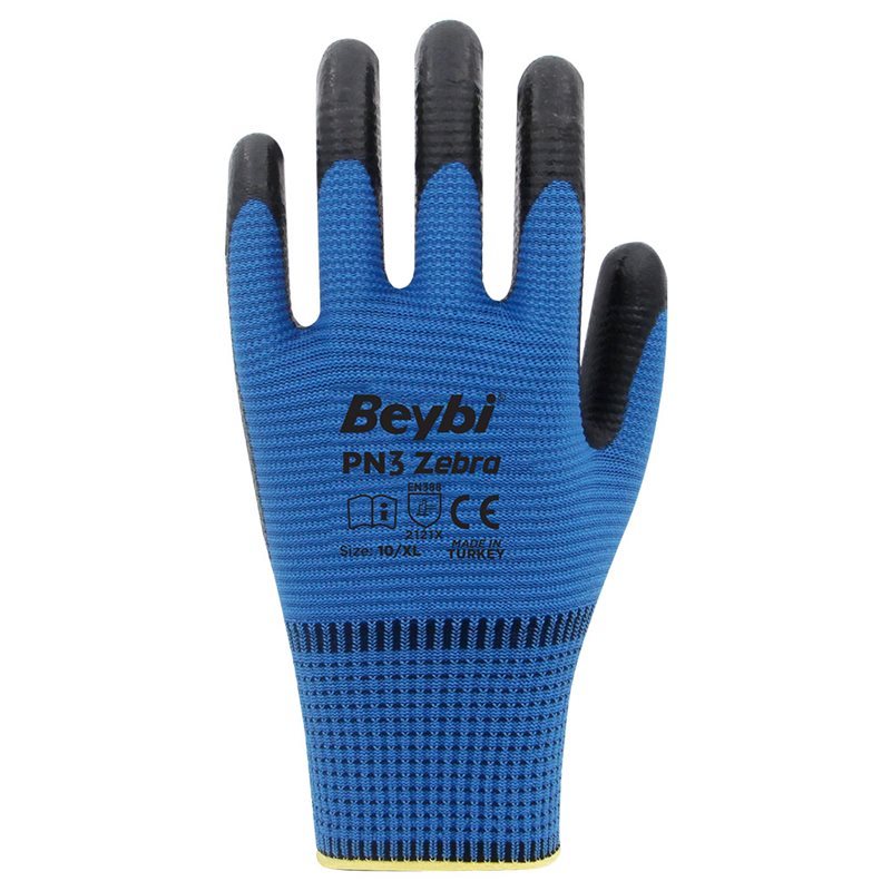 Beybi Pn3 Zebra Poly Astarlı Nitril Eldiven Mavi-Siyah No:10