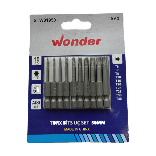 Wonder Torx Bits Uç Set 50Mm 10 Lu (T6,T7,T8,T10,T15,T20, T25, T27, T30,T40)